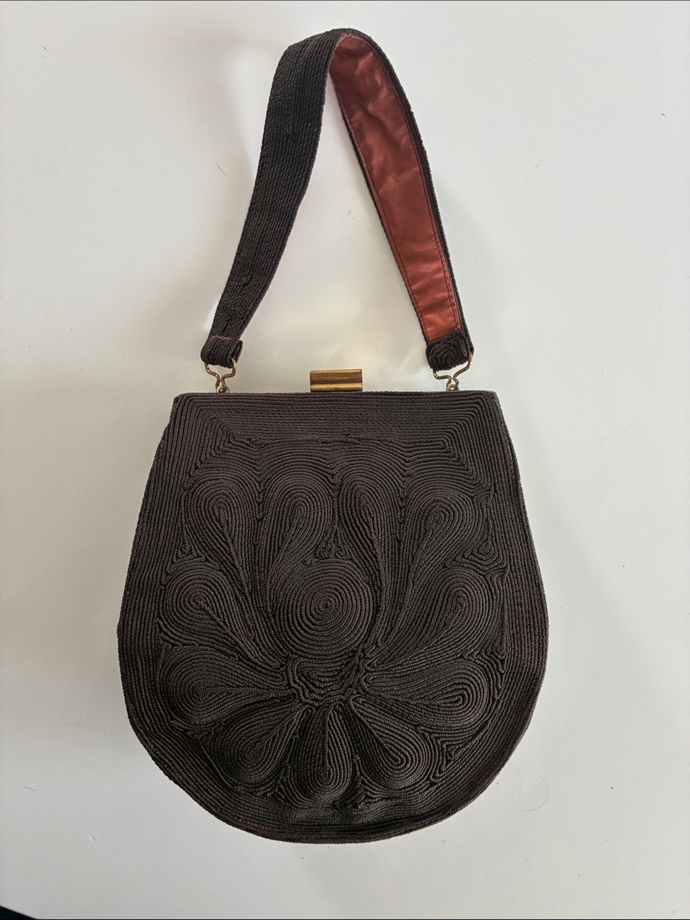 Genuine Cordé Dark Brown Swirling Corded Purse with Floral Detailing 40s EUC